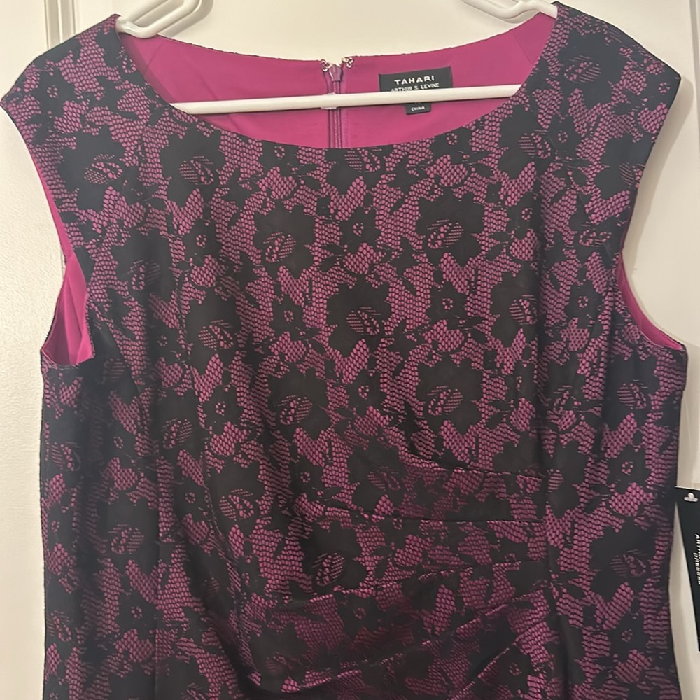 Fushia and black lace print Tahari shift dress.